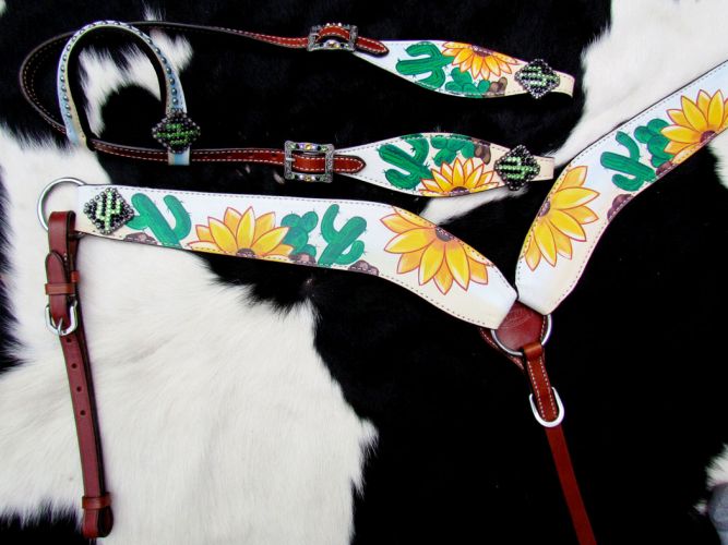 Showman Hand Painted Sunflower and Cactus Print One Ear Headstall and Breastcollar Set #3
